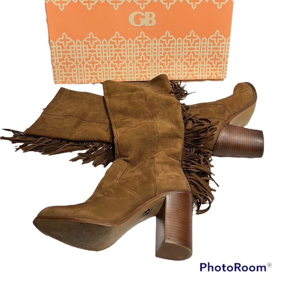 Gianni Bini ‘Backdrop’ Fringe Suede Knee High Boots 7M Cinnamon Bwn